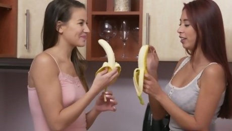 Charlie Red and her redhead best friend eat a banana and have sex