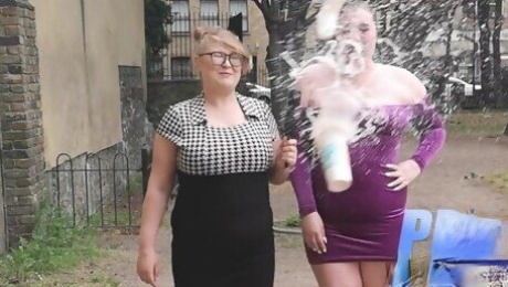 Newsreaders Misha Mayfair and Penny Banks public sploshing